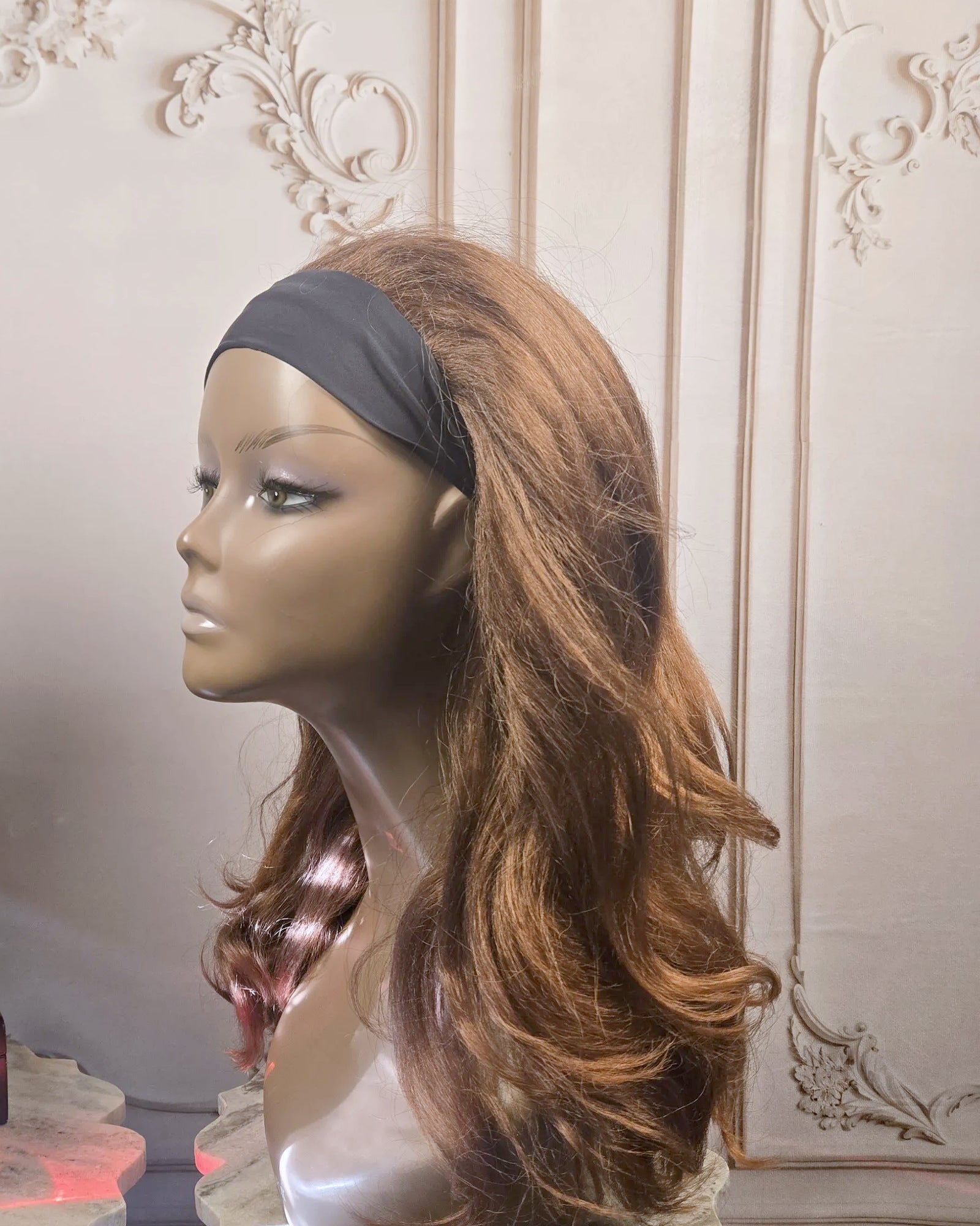 Tresspoint Effortless Headband Wig in MT6/30 brown ombre, 18 inch, shown in profile with black headband