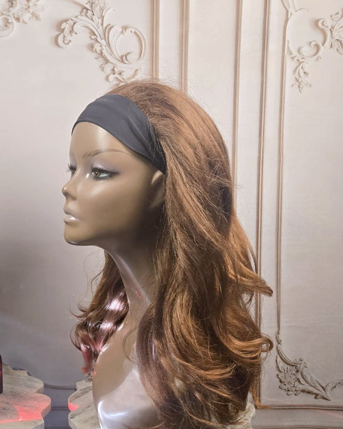 Tresspoint Effortless Headband Wig in MT6/30 brown ombre, 18 inch, shown in profile with black headband
